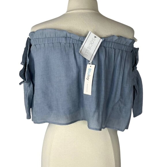 Bluivy Shirt Off Shoulder Cropped Womens Large Blue New Socielle - Picture 3 of 13